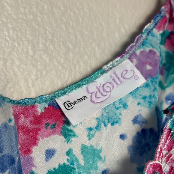 Cinema Etoile Vintage Satin Tank Top French Cut Blue Floral Lace Embroidered - Picture 6 of 11